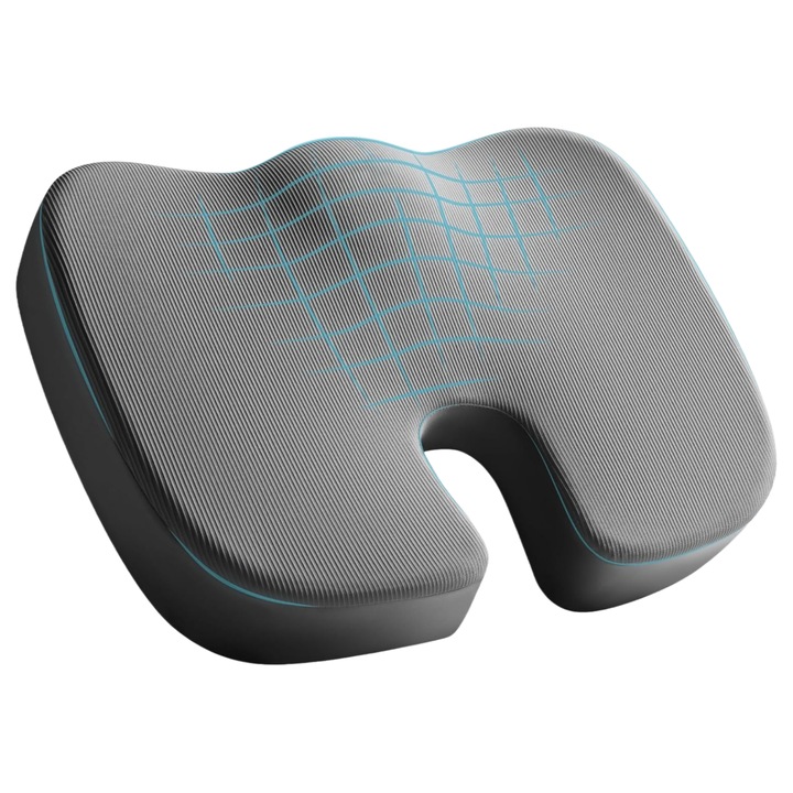 Perna ortopedica sezut, Spuma Premium cu Memorie, suport coccis pentru scaun, husa detasabile, pentru scaun de birou si masina, respirabila si antialunecare, protectie zona Lombara, Dureri de sold, Sciatica, Hemoroizi, 45x35x7cm, gri