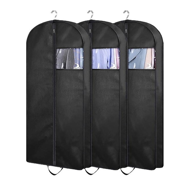 Set 3 Husa pentru protectie haine Wacorresi, Husa pliabila costume, cu maner, capacitate mare, material respirabil, Textil, pentru costume, paltoane, camasi, 100x60x10 cm, Negru