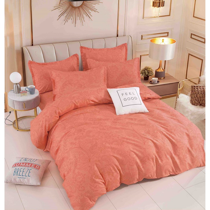 Lenjerie de pat dublu, 2 persoane, Finet, 6 Piese, Cearceaf de pat CU ELASTIC 180 x 200 cm, Cearceaf pilota 200 x 230 cm, 2 fete de perna 70 x 70 cm, 2 fete de perna 50 x 70cm, Multicolori, MHR-669