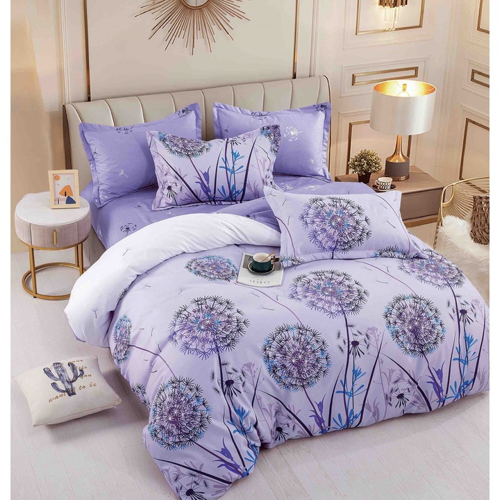 Lenjerie de pat dublu, 2 persoane, Finet, 6 Piese, Cearceaf de pat CU ELASTIC 180 x 200 cm, Cearceaf pilota 200 x 230 cm, 2 fete de perna 70 x 70 cm, 2 fete de perna 50 x 70cm, Multicolori, MHR-708