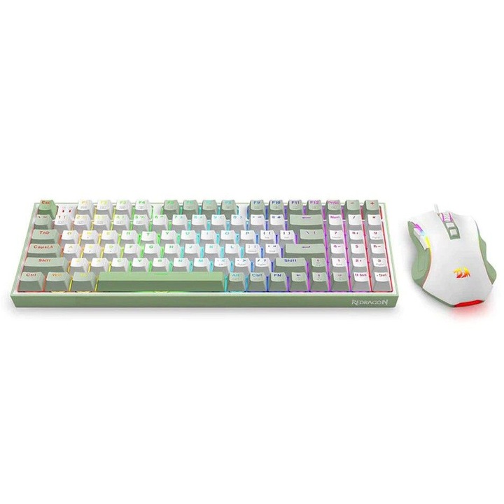 Kit tastatura mecanica si mouse Redragon S134 Ultimate Gaming Rig iluminare RGB Alb / Verde