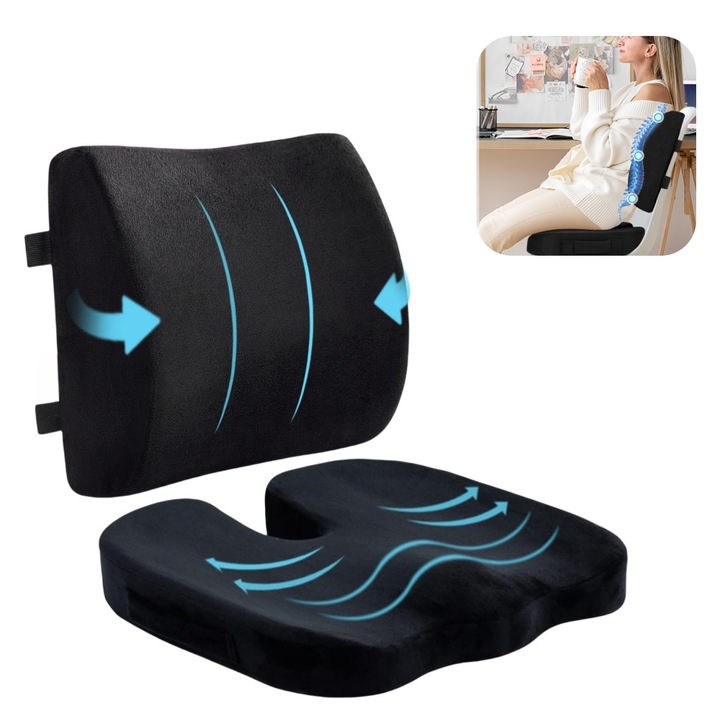 Set Perna Lombara si Perna Pentru Gat, Wacorresi, Perna ortopedica pentru sezut din spuma cu memorie, spatar si suport pentru coccis, protectie zona Lombara, Set doua piese, husa lavabila, ideale pentru masina, birou, calatorii, scaun cu rotile, Negru