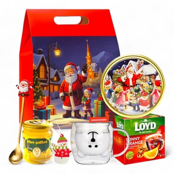 Cadou Craciun Secret Santa, CADOURI RAFINATE, cu Cana in Forma de Ursulet Termorezistenta cu Pereti Dubli, Biscuiti Danezi cu Unt in Cutie Metalica Santa Collection, Miere Poliflora, Ceai, Lingurita, Decoratiune, Cutie Cadou cu Mos Craciun, 7 Articole