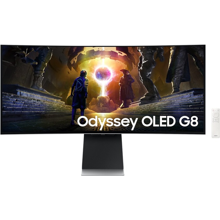 Hajlított OLED Samsung Odyssey G8 Gaming Monitor 34", WQHD (3440 x 1440), 175 Hz, 0,03 ms, hangszórók, HDMI, DisplayPort, ezüst