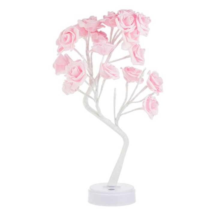 Декоративна лампа във формата на дърво с розови рози и бяла LED светлина, USB или батерии, 12x48cm