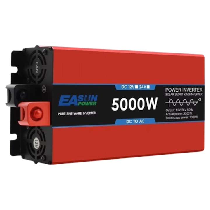 Инвертор EASUN, 12V, 5000W, чист синус за фотоволтаични панелни системи, каравани, къмпинг, червен, с дистанционно управление и 2.1A USB букса