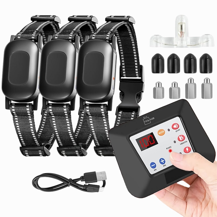 Sistem complet de gard invizibil pentru 3 caini, Felliner, cu transmitator si zgarda reincarcabila, rezistenta la apa IP67, raza de actiune 300 m, baterie 2500 mAh, negru