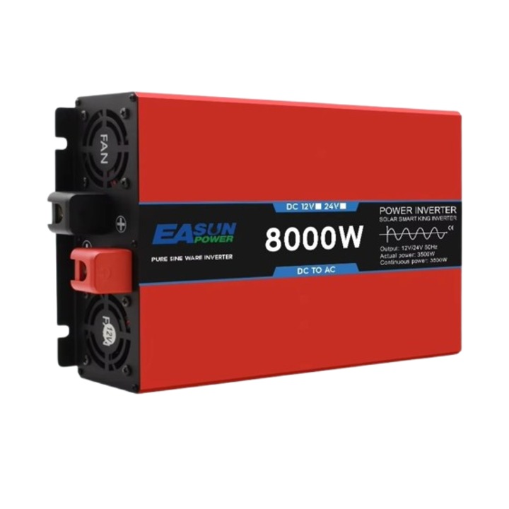 Инвертор EASUN, 12V, 8000W, чиста синусоида за фотоволтаични панелни системи, каравани, къмпинг, червен, с дистанционно управление и 2.1A USB букса
