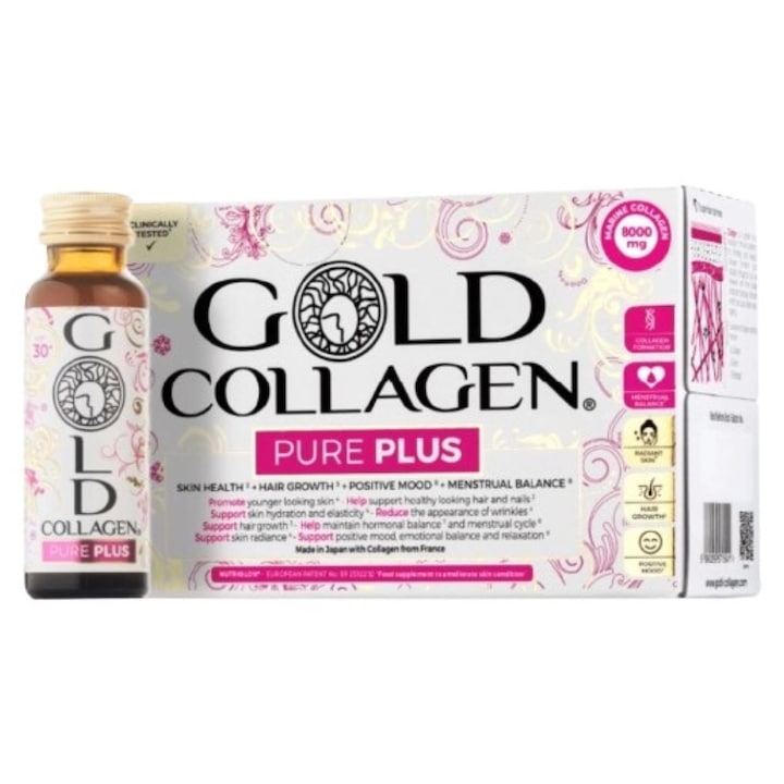 Colagen marin lichid hidrolizat pentru piele, par, dispozitie pozitiva si echilibru menstrual Gold Collagen Pure Plus 30+, 10 flacoane x 50 ml