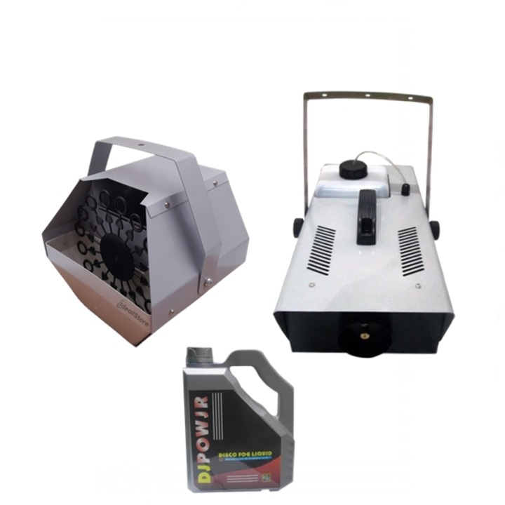 Комплект, включващ машина за балони, машина за дим и 5 L специална течност за дим, сребриста с включено дистанционно управление