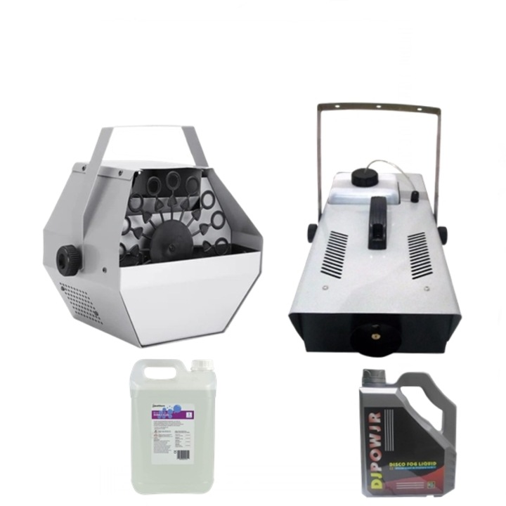 Комплект, включващ уред за създаване на балони и 5L специална течност, уред за дим и 5L специална течност, сребрист с включено дистанционно управление