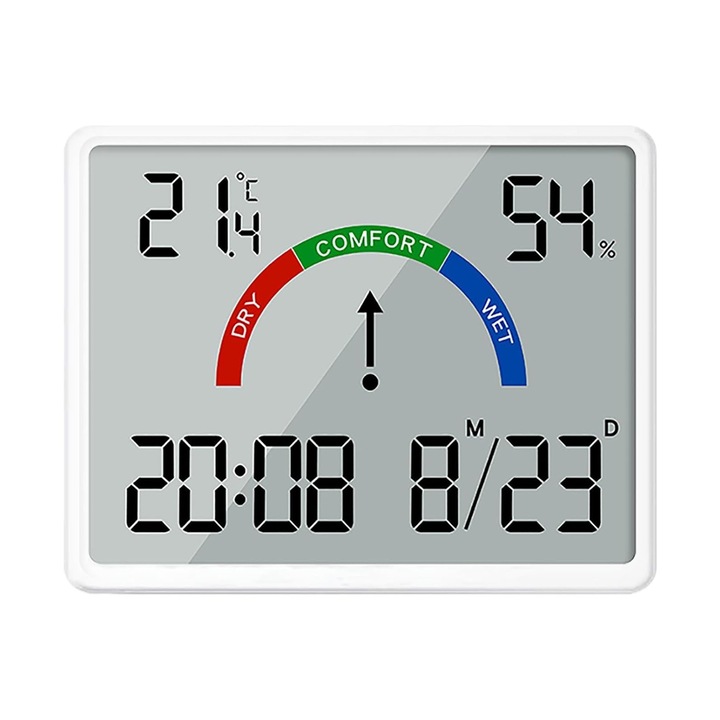 Szobahőmérő és páratartalommérő, Axroad Mall, Hordozható, Komfort kijelző, LCD digitális kijelző, Óra kijelző, Fahrenheit/Celsius, 12/24 óra, Állványtartó, Vékony kialakítás, Riasztó, Falra/mágneses/állványra rögzíthető, Fehér