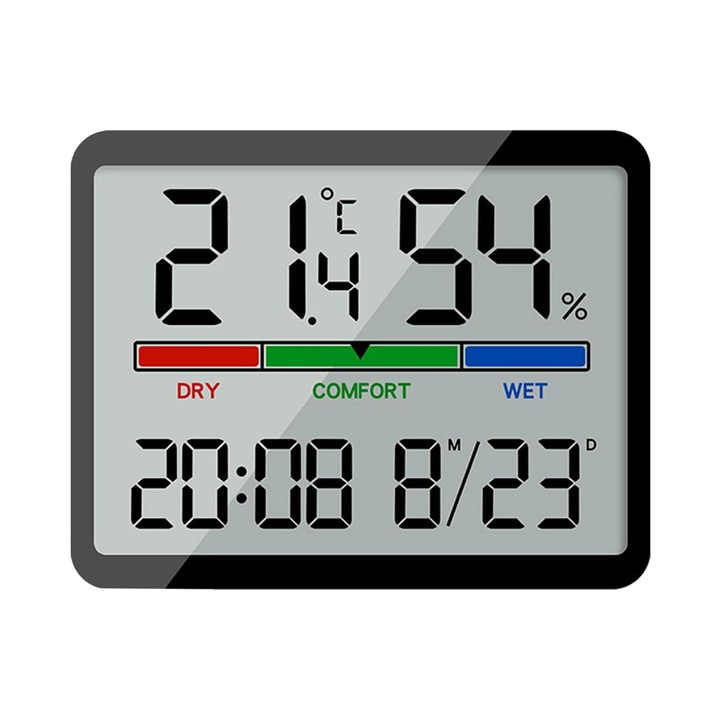 Szobahőmérő és páratartalommérő, Axroad Mall, Hordozható, Komfort kijelző, LCD digitális kijelző, Óra kijelző, Fahrenheit/Celsius, 12/24h, Állványtartó, Vékony kialakítás, Riasztó, Falra/mágneses/állványra rögzíthető, Fekete