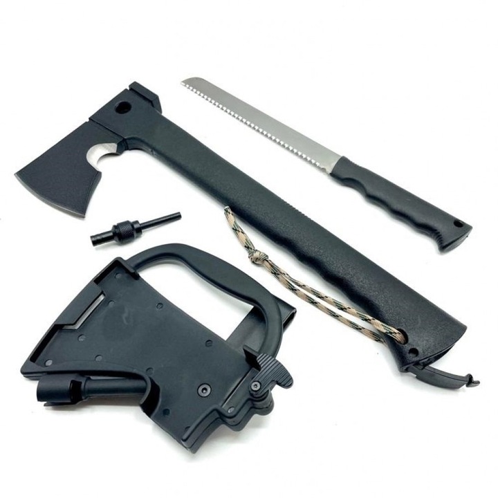 Topor tactic multifunctional de vanatoare cu amnar, cutit si fluier, 35 cm, teaca de protectie inclusa EMS-760