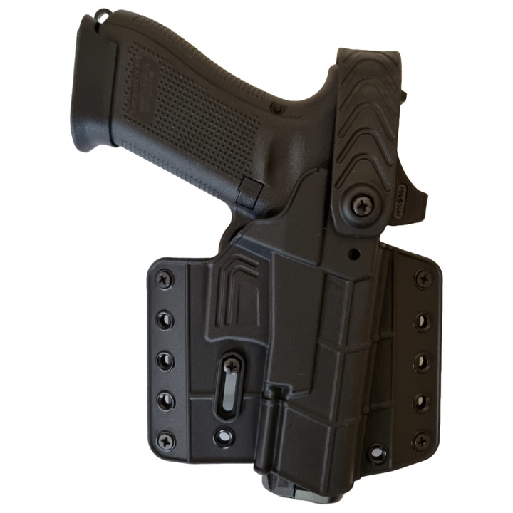 Toc pentru pistol GLOCK, BUTTERFLY Lvl. 2, pe centura, OWB, 180 g, din polimer, negru, GLOCK 17, GLOCK 19, GLOCK 45, GLOCK 47, similare, cu retentie reglabila, optic ready, accepta red dot, mana dreapta, pentru centuri de 5 cm latime