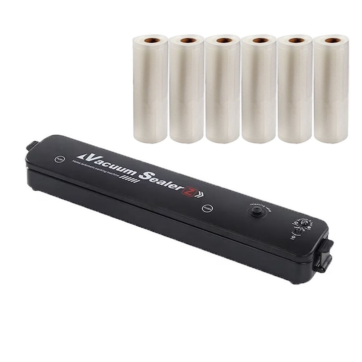 Set aparat de vidat si sigilat cu vacuum si 6 role pungi pentru vidat 500x17cm pentru carne, legume, fructe, pastreaza prospetimea, negru