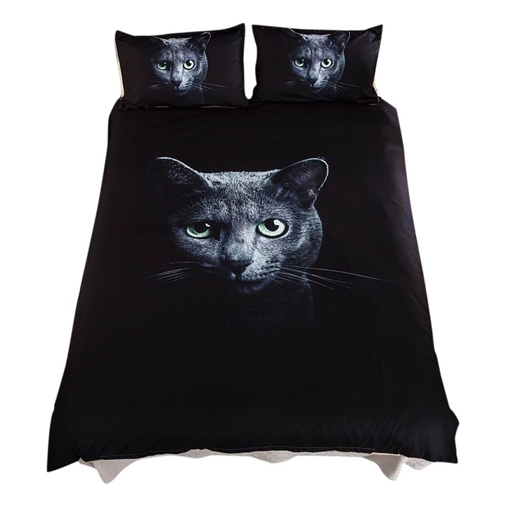 3D Fekete Macska Ágynemű Szett, Jormftte, poliészter, 2 párnahuzat, 1 paplanhuzat, kétszemélyes méret