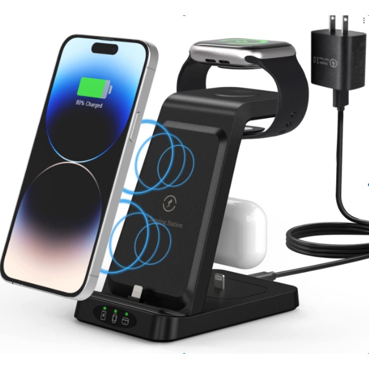 Incarcator 3 in 1, Statie de Incarcare Fara Fir, Incarcare Rapida 10 W, Protectie la Suprasarcina si Supraincalzire, Compatibilitate Apple, pentru Telefoane Mobile, Airpods si Smart Watch, Negru