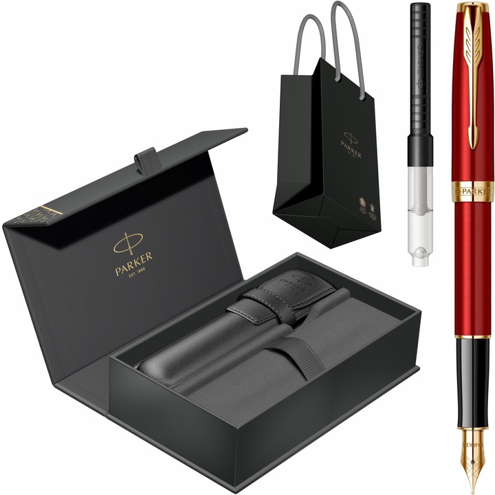 Stilou Parker Sonnet Royal Red GT cu convertor standard Parker montat, in cutie cu etui Royal IV Collection si punga Parker
