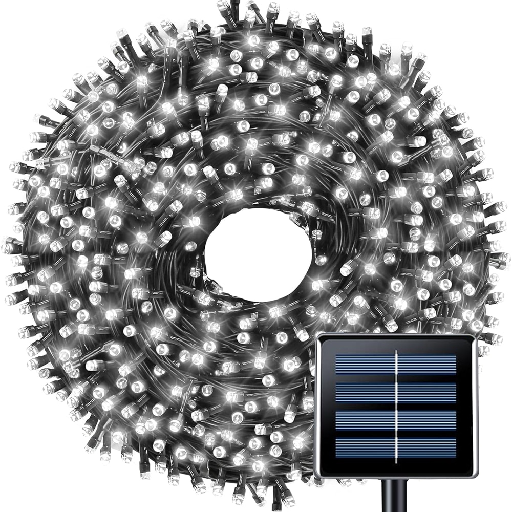 Instalatie de Craciun Liniara cu Panou Solar Teno®, 10 m, 8 jocuri de lumini, alimentare la priza, fir verde, interior/exterior, rezistenta la apa, 100 LED-uri, alb rece