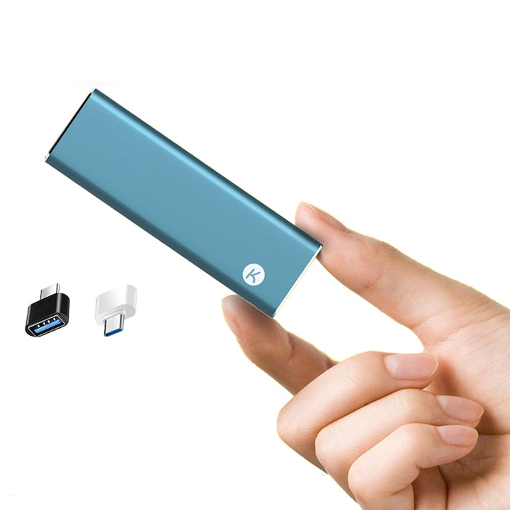 Хард диск SSD, 1TB, matte texture, 2 adapters, metal case, USB Type-C 3.1, 106x32x9.5mm, blue