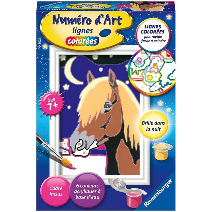 Pictura pe numere, Cai, Ravensburger, 6 acuarele acrilice, rama, 8,5x12cm, pentru copii de la 7+