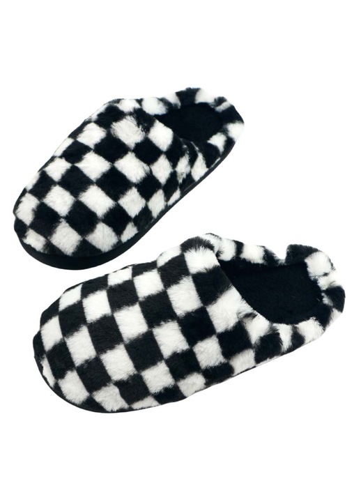 Bolyhos házipapucs, kockás mintás L602 fekete 113422, Fekete, 36-37