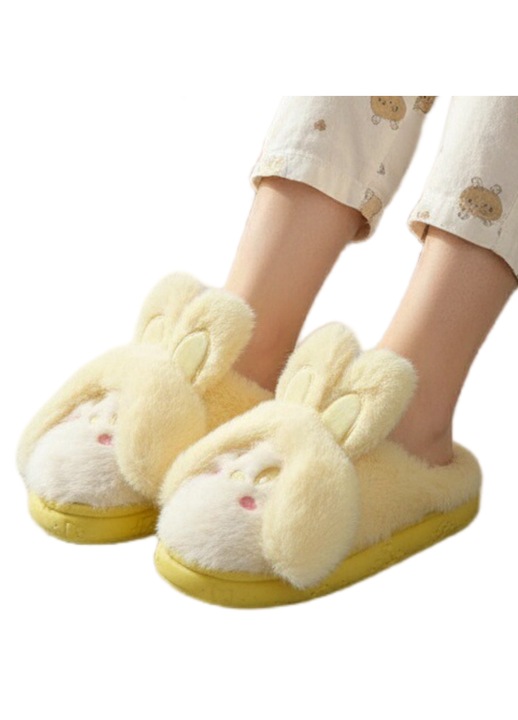 Papuci de casa pufosi dama, model Iepuras, L638, galben, 38-39
