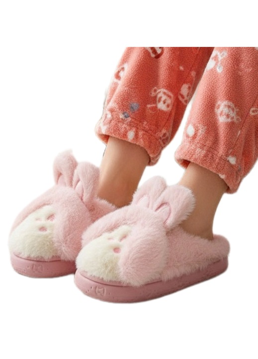 Papuci de casa pufosi dama, model Iepuras, L638, roz, 40-41