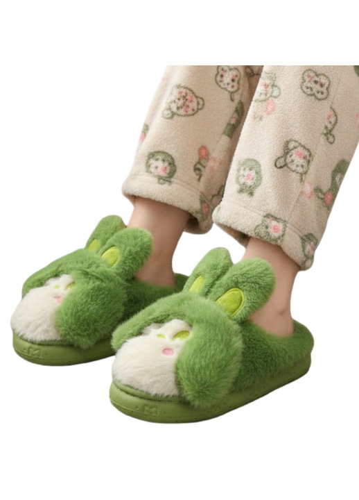 Papuci de casa pufosi dama, model Iepuras, L638, verde, 38-39