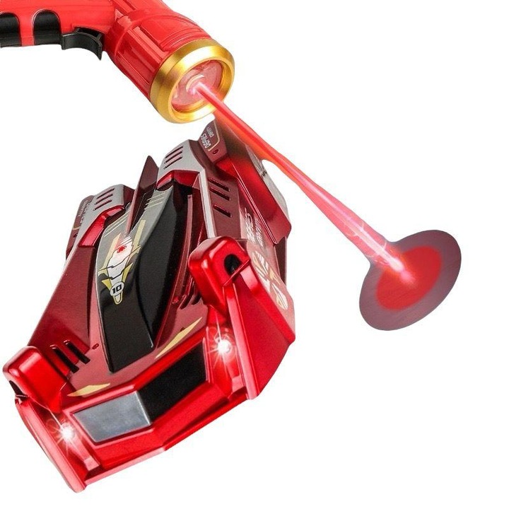 Anti-gravitációs autó, R/C lézeres pisztolyvezérléssel, falra vagy mennyezetre mászó funkció, USB töltés - piros