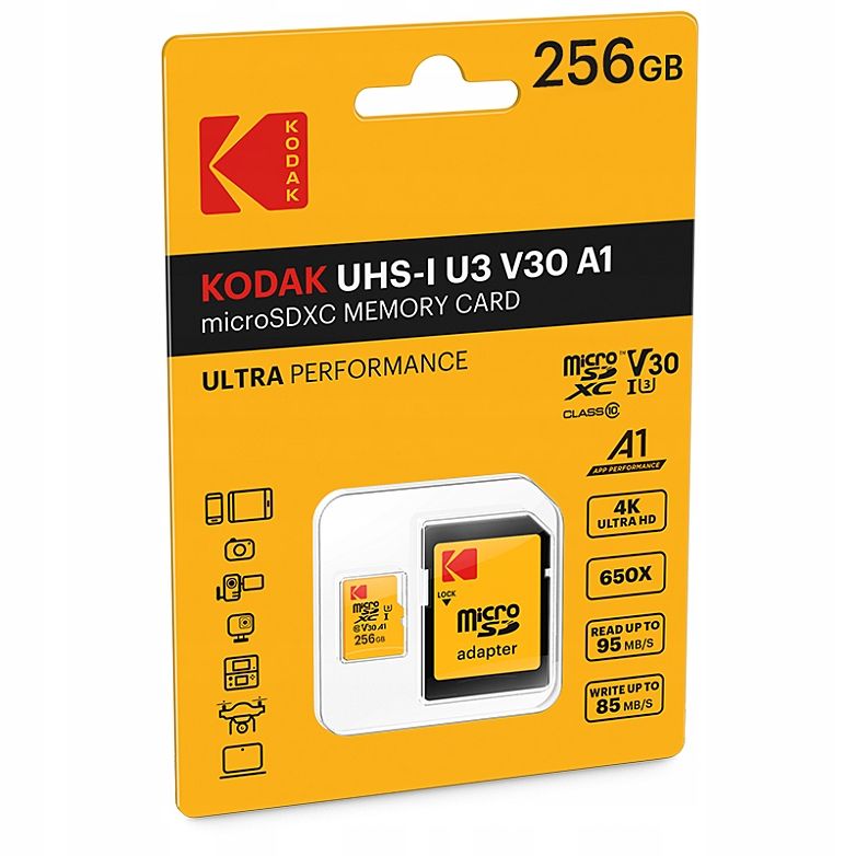 Card KODAK MicroSDXC MicroSD 256GB UHS-I U3 V30 A1 + adaptator