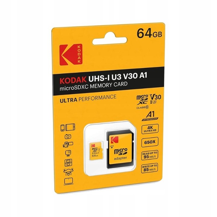 Kártya KODAK MicroSDXC MicroSD 64GB UHS-I U3 V30 A1 + adapter