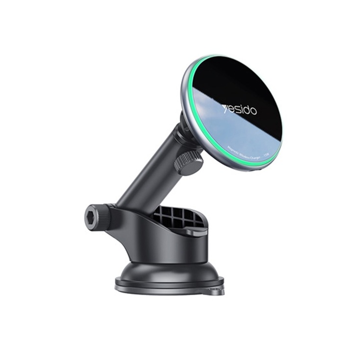 Стойка за телефон за кола, щипка на таблото, Безжично зареждане 15W, Магнитна, Универсална, 140 x 90 x 65mm, Черна