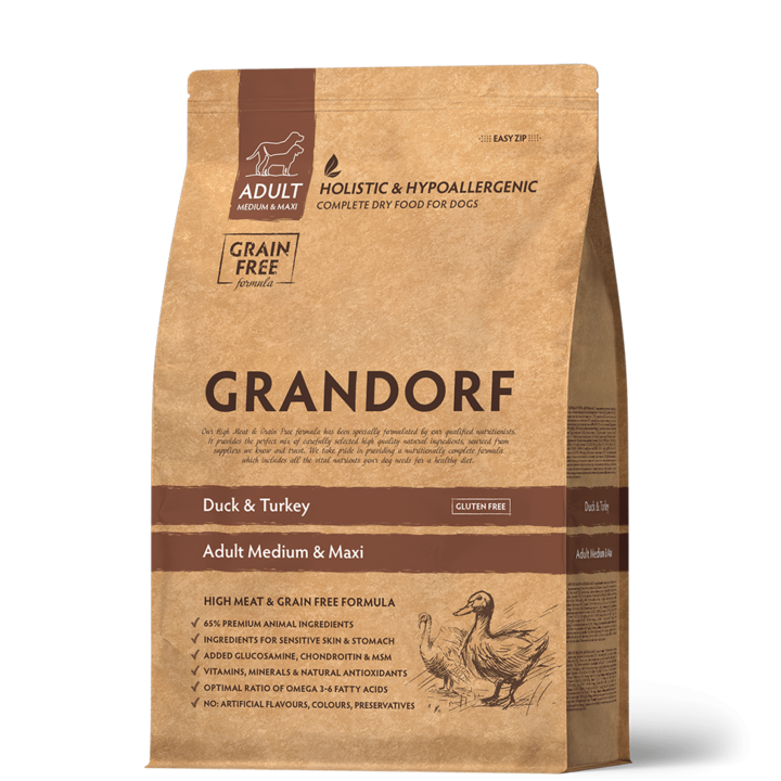 Grandorf суха храна за кучета, патица и пуйка, за средни и големи породи, 1 кг