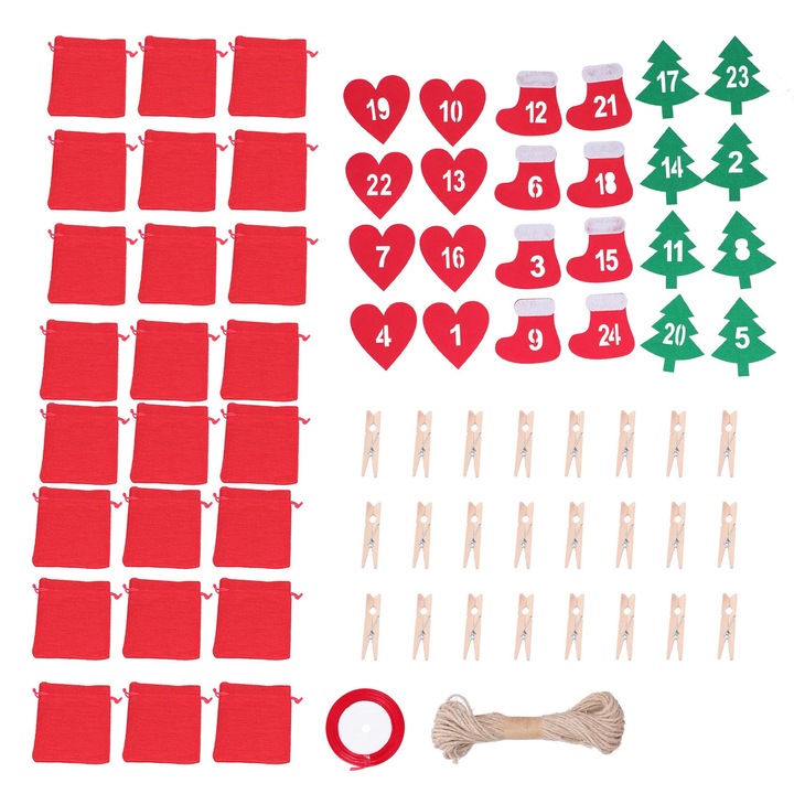 Karácsonyi számokkal díszített táska, 24 darabos készlet, Jormftte, egyedi dizájn, piros