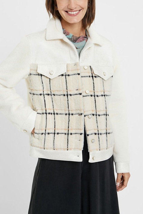Geaca din amestec cu lana si imprimeu in carouri Helga, Alb/Bej, L