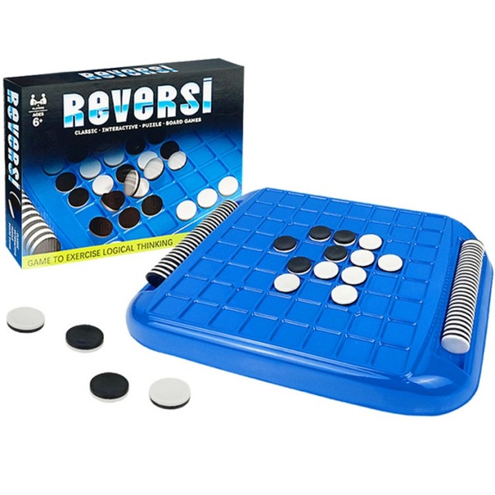 Reversi/Othello stratégiai játék, logikus gondolkodás, 2 játékos, ellenfél játék, társasjáték, 6 év felett, iskola, környezeti alkalmazkodás, szabályokat tartalmaz, 65 korong fekete-fehér, műanyag, 26,5x36,5 cm, kék , SIPEDO