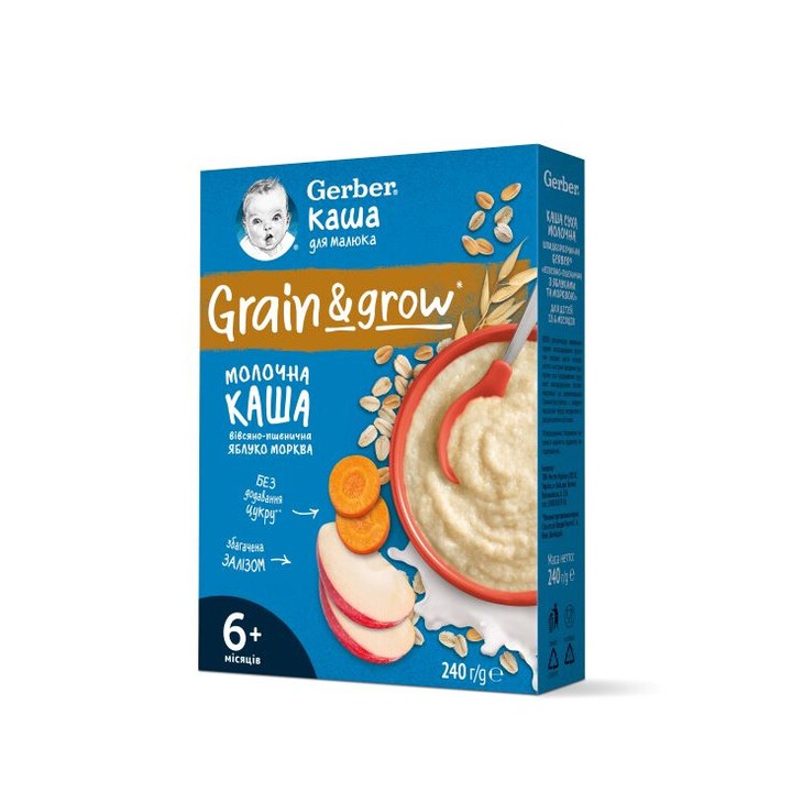 Млечна каша за бебета, Gerber, Овесено-пшенична с ябълка и морков, от 6-ия месец, 240g