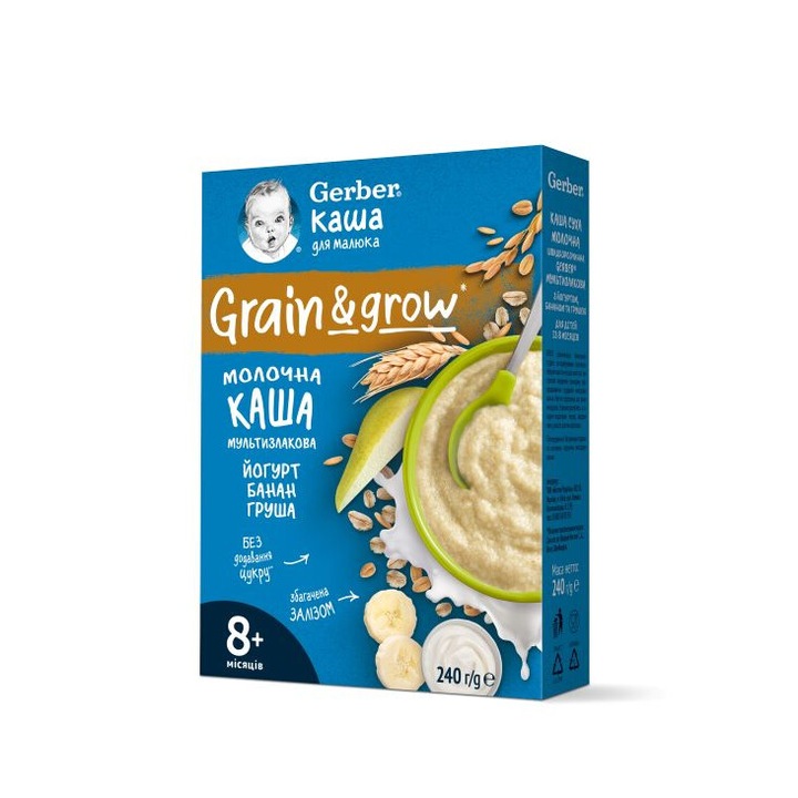Млечна каша за бебета, Gerber, овесено-пшенична с йогурт, банан и круша, от 8-ия месец, 240g