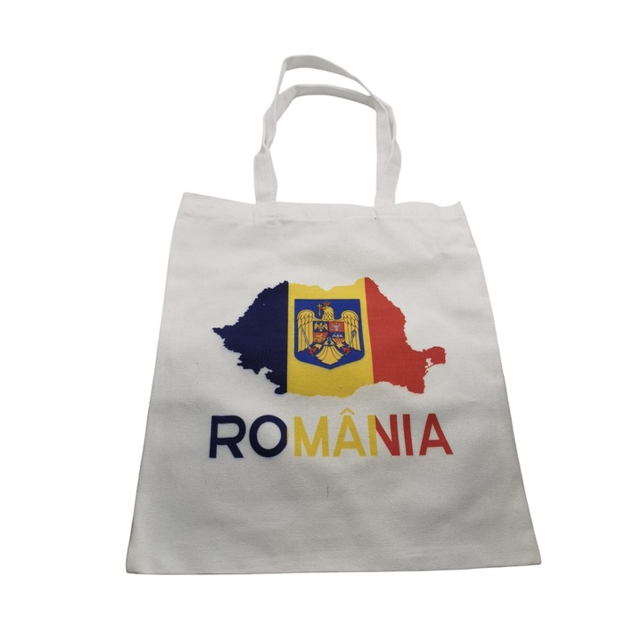 Sacosa Textila pentru Cadouri, cu Harta Romaniei si Stema Noua, Material Gros, 38x34cm, Ideala pentru Suveniruri, Fond Alb, VisionXXI
