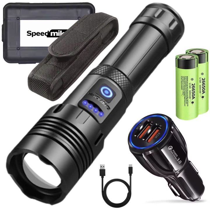 Тактическо фенерче Speedmile, ултра мощно XHP70, USB акумулаторно, водоустойчиво, идеално за всякакъв вид дейности, 1x Type-C кабел, 1x калъф, 2x 26650 акумулаторни батерии, 1x адаптер за автоматично бързо зареждане 3.0, 1x включена чанта за носене