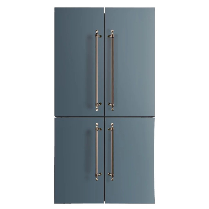 Frigider side by side cu 4 usi ILVE, Nostalgie, H 183 cm, capacitate totala 539 litri, No Frost, compresor Inverter, mod Vacanta, Super Freeze/Super Cool, dispenser de gheata, control individual de temperatura, filtru anti-miros, albastru petrol/bronz