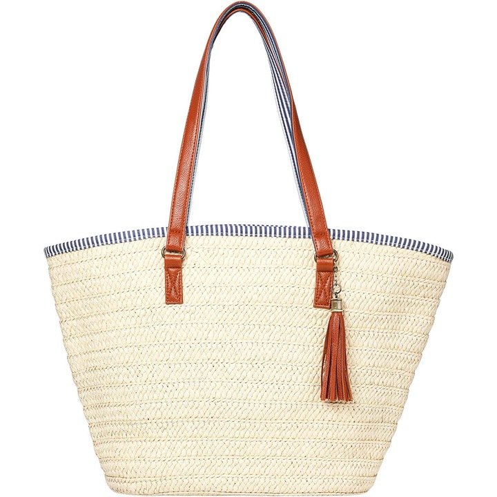 Jormftte szalmatáska, bézs, bőr fogantyúkkal, méretei 48x28x31cm, bojtos