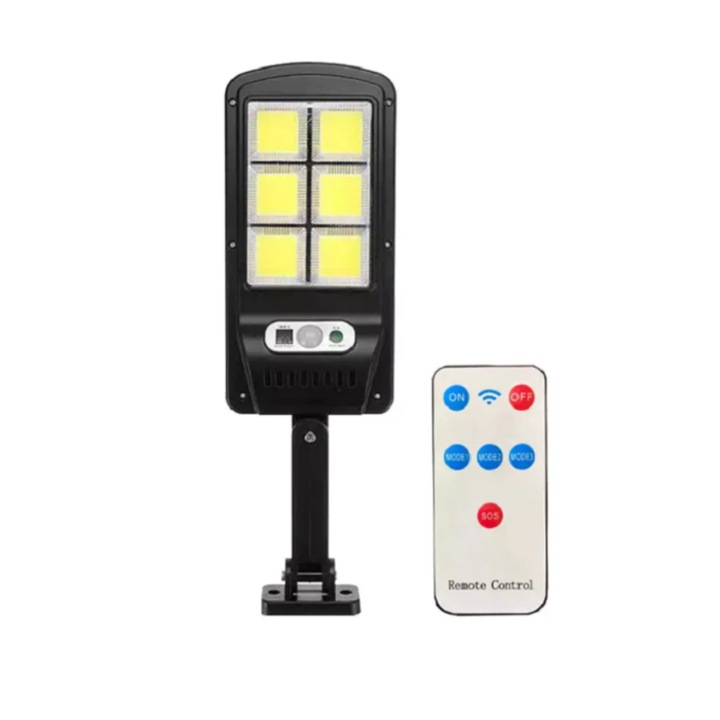 Set 2 X Lampa Solara Stradala 6COB 120 LED, Senzor de Miscare, Panou Solar Incorporat, Brat de Montare Inclus, Telecomanda cu Functii Multiple de Setare a Intensitatii Luminoase si Timpului de Functionare, IP65 Wateproof, Negru