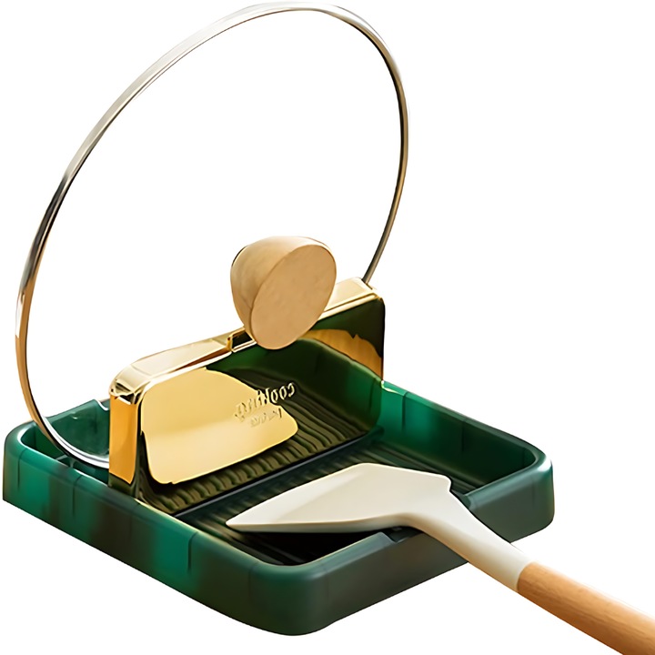 Suport Pliabil pentru Ustensile de bucatarie si Capace, Utilizare pe Blat, dimensiuni 18.9x16.2x2.6 cm, plastic durabil, rezistent la temperaturi inalte, design Anti-alunecare, Verde