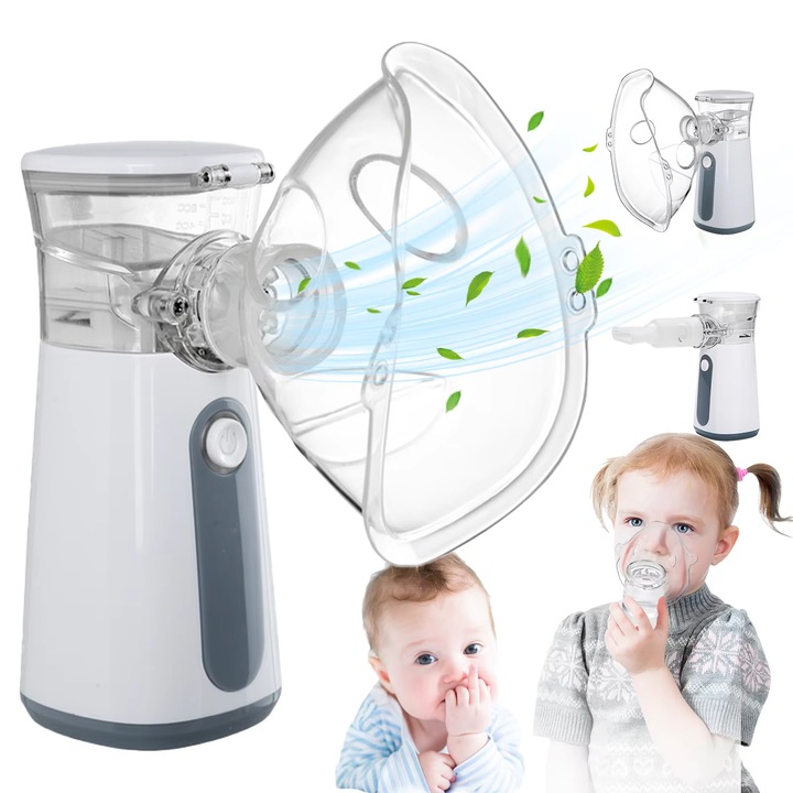 Aparat Aerosoli, Nebulizator, portabil, Validat Clinic, Portabil, Ultrasonic, Zgomot Redus, Mesh pentru nebulizator pentru inhalare, 3 moduri ajustabile, Autocuratare, Masca adulti, Masca copii, Duza inhalare, Husa de voiaj inclusa