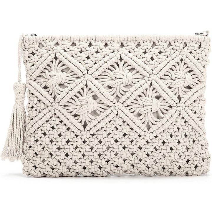Boho táska, JOSEKO, pamut/poliészter, 26 x 21 cm, fehér