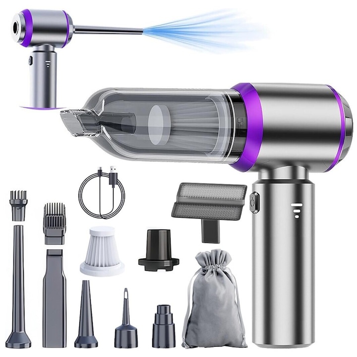 Aspirator Auto Portabil 4 in 1, Fara fir, 19000pa, 100W, 3 trepte de viteza, Functii de Aspirare, Suflare, Vidare, Filtru HEPA, 13 accesorii incluse, Acumulator 6000 mAh, Argintiu