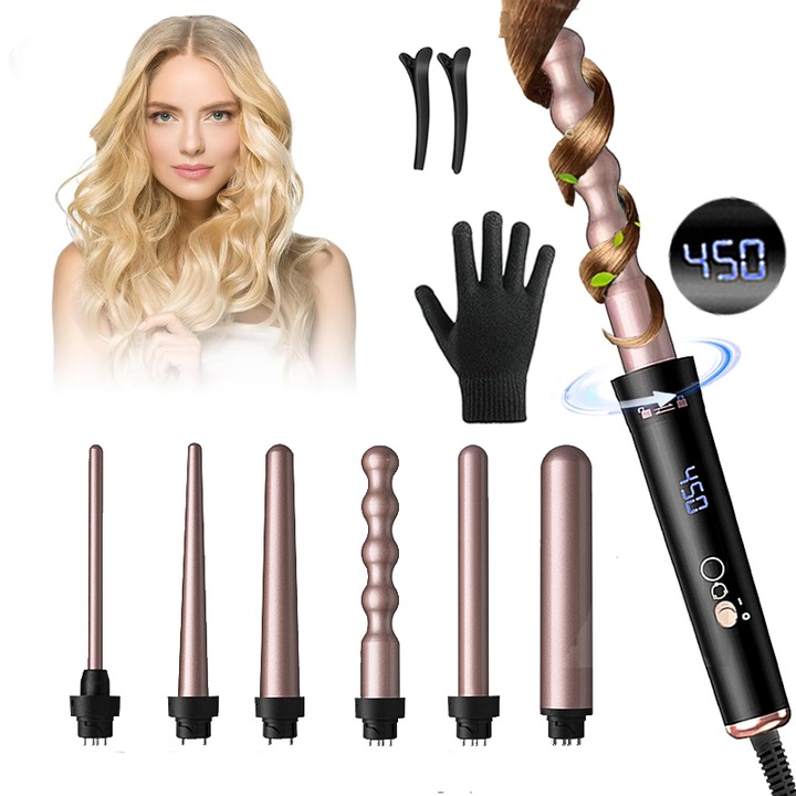 6 az 1-ben hajsütő, SHIJOOE, 6 cserélhető fejjel, kerámia turmalin bevonattal, gyors melegítéssel, LCD képernyővel, 4 hőmérséklet-beállítással, 230°-ig állítható hőmérséklet, száraz és nedves hajra is alkalmas, Hőálló kesztyűvel, Fekete / Rózsa arany